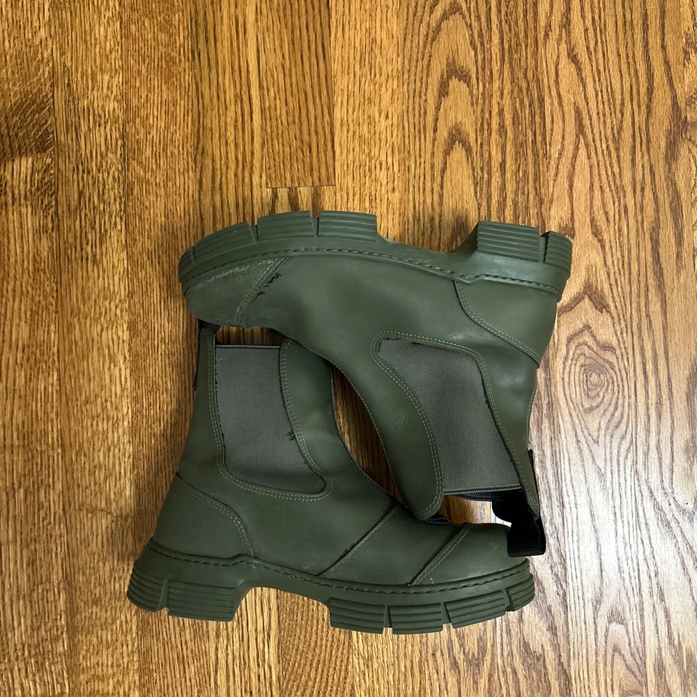 Ganni Olive Green Chunky Chelsea Rain Boots